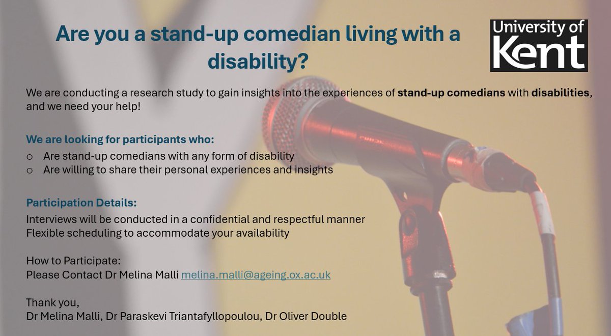 Involved in this project. We're looking for comedians with disabilities to share their experiences - details on flyer. Please pass it on to anybody you know who might be interested.

Thanks, pals.