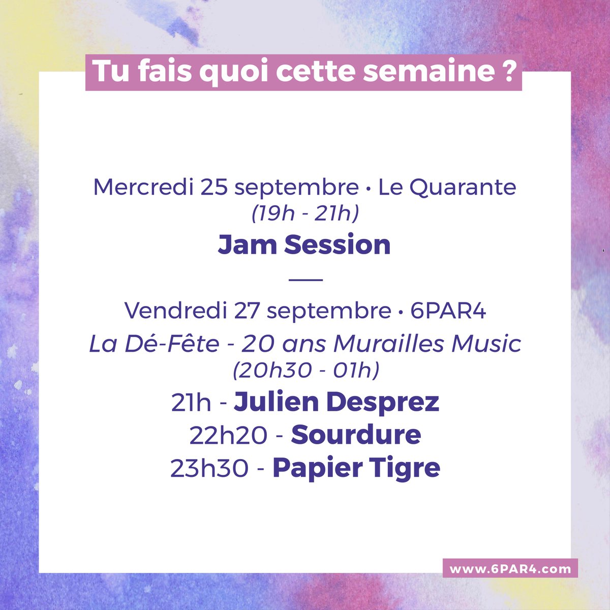 𝗧𝘂 𝗳𝗮𝗶𝘀 𝗾𝘂𝗼𝗶 𝗰𝗲𝘁𝘁𝗲 𝘀𝗲𝗺𝗮𝗶𝗻𝗲 ?

📅 Mercredi 25 septembre 2024
📍 Le Quarante
🕐 19h - 21h
➜ Jam Session
ℹ️ : bit.ly/3zuEGNU
🎫 : Gratuit - Accès libre