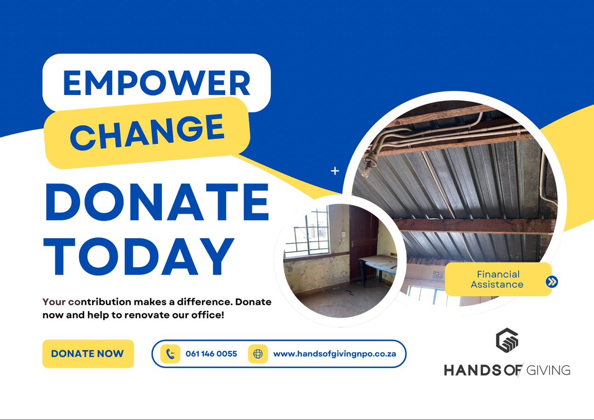 HandsofGivingZA's tweet photo. We are currently raising funds for much-needed office renovations, no-matter how small—can make a big difference. Even a donation of R20 can help us create a space where we can continue to inspire, mentor, and build the next generation of leaders.
https://t.co/K2mvmKGNTr https://t.co/ufTM9nud73