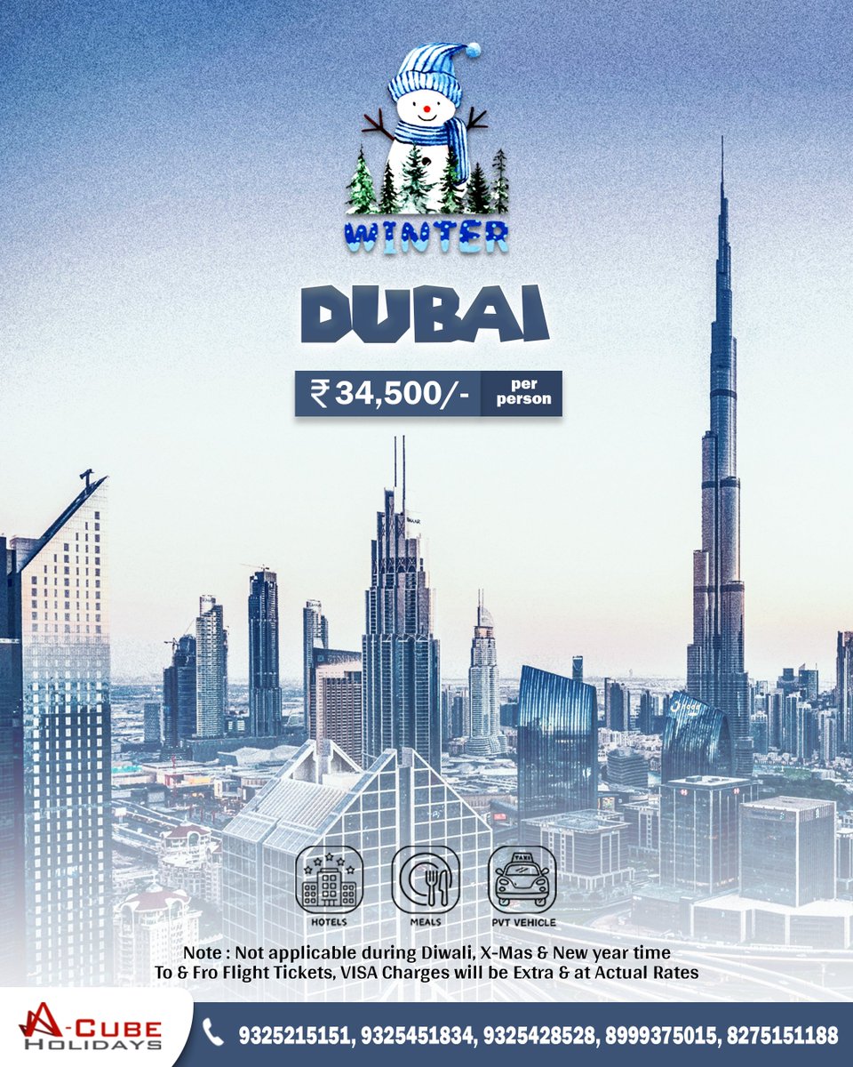 ACubeHolidays's tweet image. Dubai is a luxurious travel destination known for its futuristic skyline, world-class shopping, stunning desert landscapes, and rich blend of modern and traditional culture explore all these with the best travel agency in Nashik/Pune, A-Cube Holidays #winterpackage #dubailife