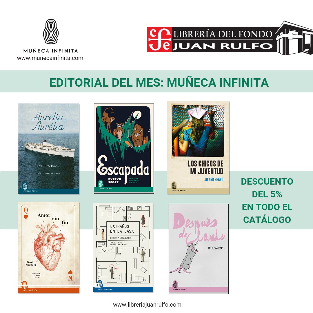 En la Librería Juan Rulfo tenemos editorial del Mes. En septiembre elegimos a <a href="/MunecaInfinita/">Muñeca Infinita Editorial</a>. Aprovechad el 5% de descuento antes de octubre. Merece la pena apostar por sellos con tanta coherencia y buen oficio.
