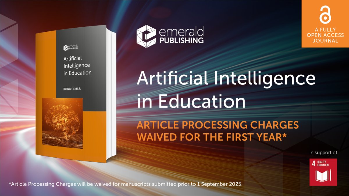 EmeraldEdu's tweet photo. We’re delighted to announce that submissions are now open for our new #OpenAccess journal, #AIIE! The journal seeks to publish research on topics relating to the applications of #AI in #education. Find out more and submit here https://t.co/9GIt6W79Yj #SDG4 @SharonP43087108 https://t.co/VWQ2k5yxNO