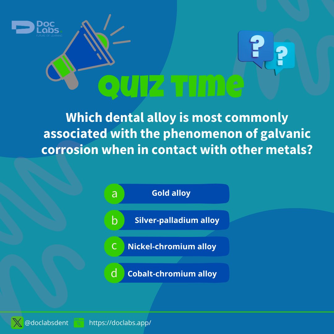 DocLabsDent's tweet image. It&apos;s Quiz Time!  
This quiz generated by Create Exam tool we provide in our platform.  

For daily quizzes follow us in our social media accounts under @doclabsdent

#Dental #QuizTime #طب_الأسنان