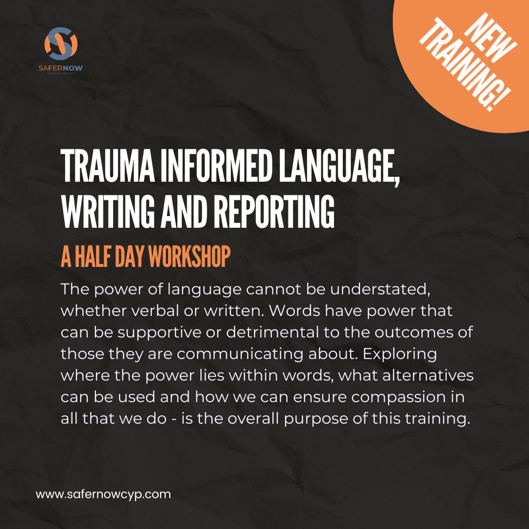 🌟 New Training Alert! 🌟
Trauma Informed Language, Writing and Reporting
📅 Duration: Half Day

The power of language cannot be understated, whether verbal or written. Words have power that can be supportive or detrimental to the outcomes of those they are communicating about.
