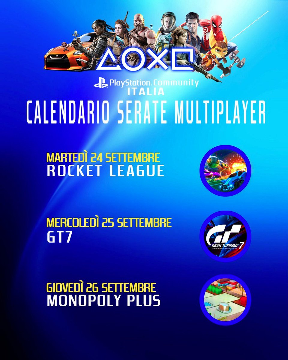 PSCommunityIT's tweet image. Le Serate Community Multiplayer di questa settimana. 
Per partecipare seguite il link per facebook -&amp;gt; facebook.com/groups/PlaySta… 
o Discord-&amp;gt; discord.gg/pSrUrAy5Pr 
#RocketLeague #GT7 #MonopolyPlus #Monopoly #PS5 #PS4 #multiplayer #PlayStation #videogames