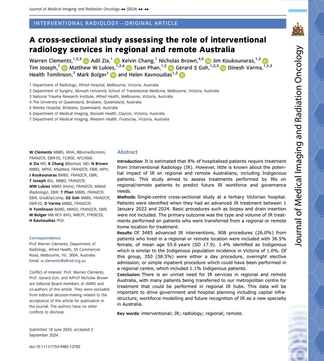 🚨 New Publication Alert 🚨

doi.org/10.1111/1754-9…

Are IR services being offered to regional and remote patients in Australia? 

We assessed all patients who reside in a regional or remote home location, but were transferred to our tertiary centre and recieved an advanced IR
