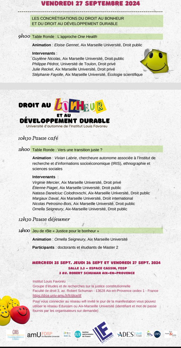 LMGR02's tweet image. Table ronde : Définition et fondements des droits au bonheur et au développement durable(LMG : approche de droit international)

Université d'automne de l'Institut Louis Favoreu (Aix-Marseille Université)

Droit au bonheur, Droit au développement durable  
25-27 septembre 2024