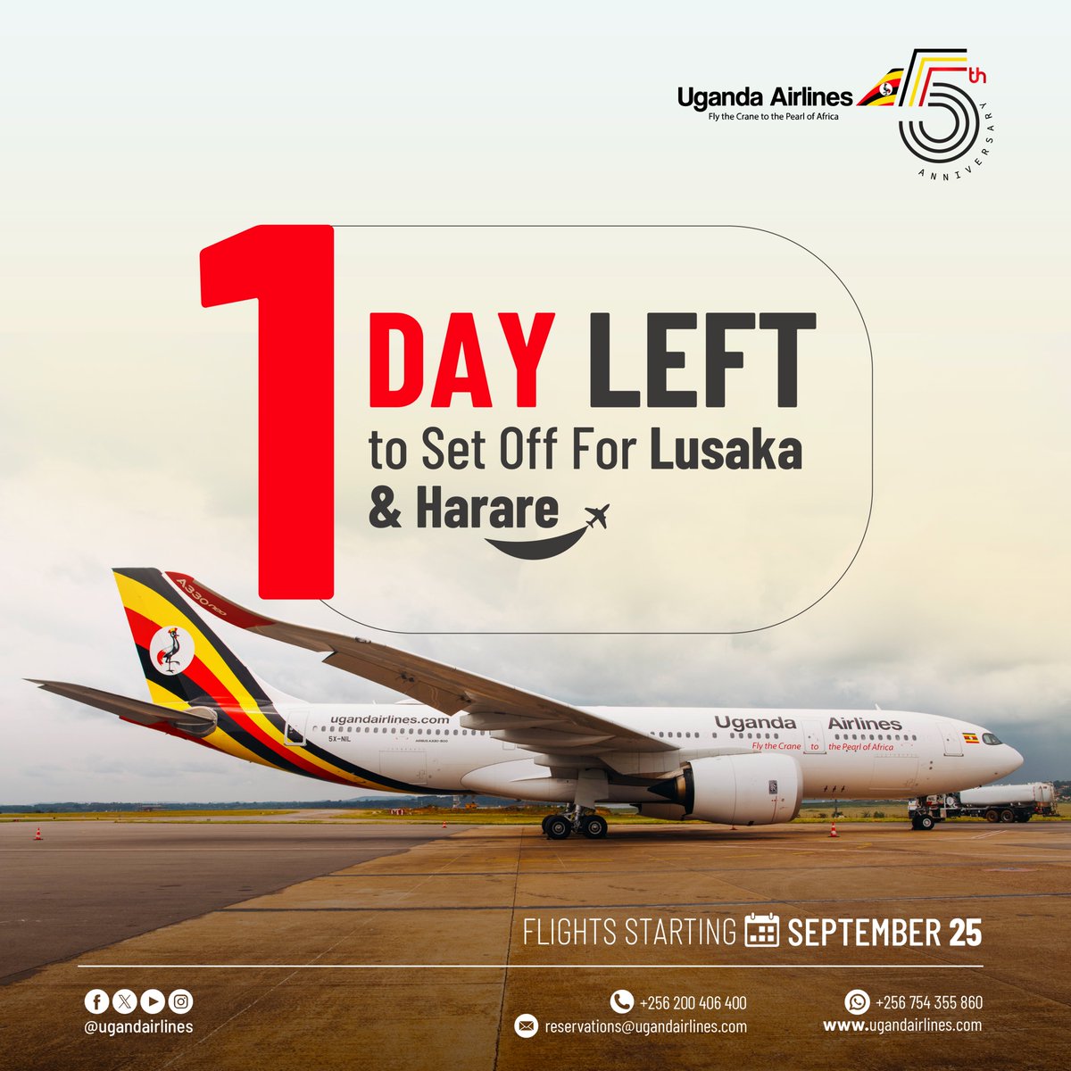 Have you booked your flight to Lusaka or Harare yet?  
Tomorrow, we launch our first flights to both cities from Entebbe Airport.  

Book your flight today through our Website or Mobile App: bit.ly/3zjTVtb

#FlyUgandaAirlines
#Harare | #Lusaka