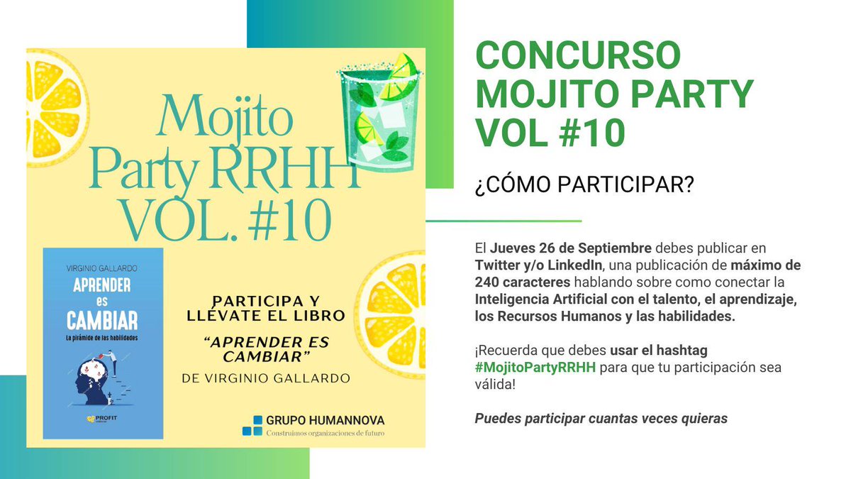 Humannova's tweet photo. 🗓Recuerda que el próximo jueves 26 tenemos concurso de tuits .
✍¿Qué hay que hacer? Escribe un tuit (o más) hablando sobre IA y Talento  
🎁📚¿Qué puedes ganar? Un lote de libros y un mojito 🍹en nuestra fiesta. 
Extra 🎾super libro de @virginiog #AprenderCambiar + info  ⬇🧶 https://t.co/FXf31ITQLx
