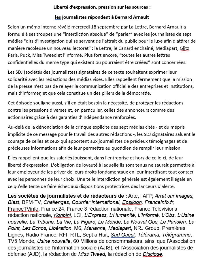 SDJ_LesEchos's tweet image. + de 40 sociétés de journalistes, dont @SDJ_LesEchos expriment leur solidarité avec les rédactions visées par le pdg de LVMH Bernard Arnault. Elles rappellent fermement que la mission de la presse n'est pas de relayer la communication officielle des entreprises et institutions.