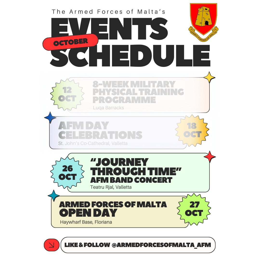 🗓️ AFM Events:
Sat 26 Oct: Experience the AFM Band’s concert, “Journey Through Time,” at Teatru Rjal, Valletta 🎶
Sun 27 Oct: Bring the whole family to the Armed Forces of Malta Open Day at Haywharf Base, Floriana 🚁
#ArmedForcesOfMalta #AFMOpenDay #AFMBandConcert #AFMDay #Malta