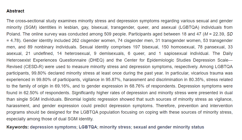 EJIHPE_MDPI's tweet image. 🤩😍Welcome to read👉&quot;The #Relationship between #MinorityStress and #DepressiveSymptoms in #LGBTQAPopulation from #Poland&quot;📜by🧑‍🎓A. Cisek &amp;amp; A. M. Rogowska:📍mdpi.com/2254-9625/13/6…
#LGBTQA #minoritystress #sexualminoritystatus #genderminoritystatus