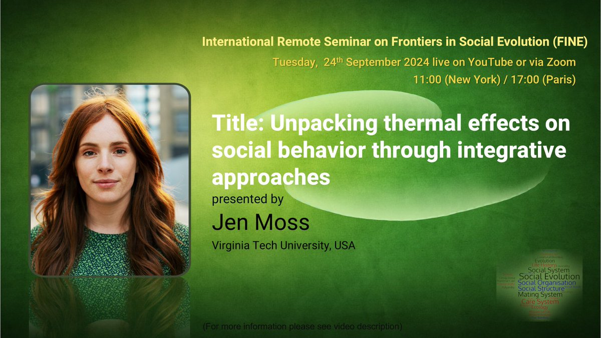 FINE_seminar's tweet photo. Today on FINE: Jen Moss will present her work on the thermal effects on social behavior. Tune in via Zoom or on our Youtube channel @ 17:00 (Paris)/11:00 (New York) https://t.co/JQJbQuD9B4