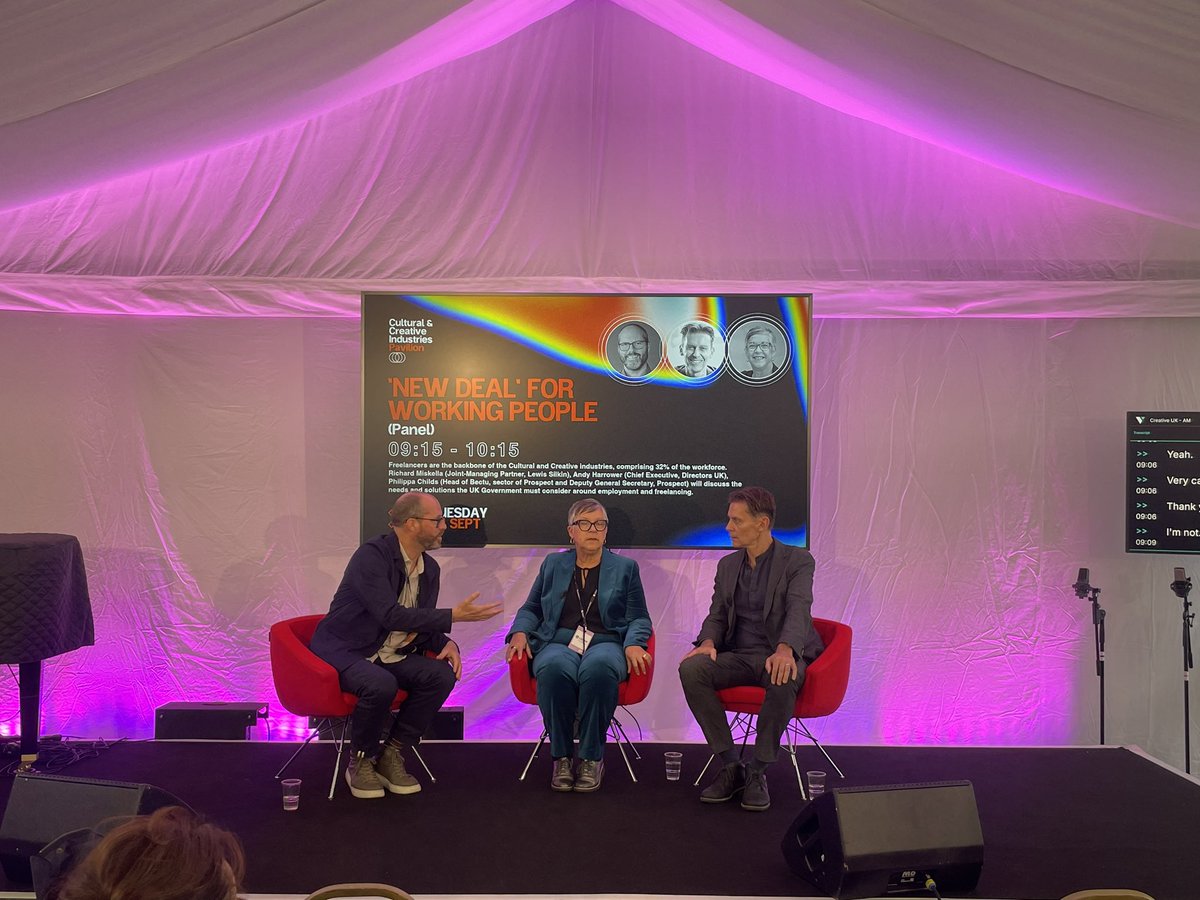 Panel discussion underway on New Deal for working people - how can it support freelancers 

<a href="/Directors_UK/">Directors UK</a> <a href="/WeAreCreativeUK/">Creative UK</a> <a href="/bectu/">Bectu</a> <a href="/philippachilds/">Philippa Childs</a>

#LabourConference2024 #CreativeIndustries