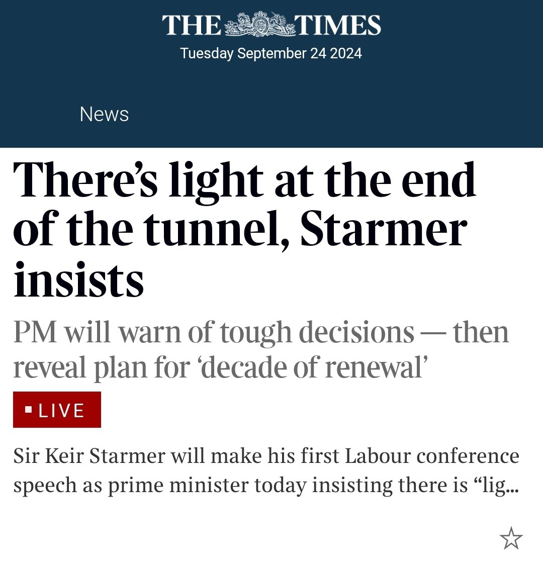 Light at the end of the tunnel may be a freight train approaching delegates warned at Labour conference. Decade of renewal promised without firm commitment to which decade or which century.
<a href="/Keir_Starmer/">Keir Starmer</a>
<a href="/UKLabour/">The Labour Party</a>
thetimes.com/article/9046f9…