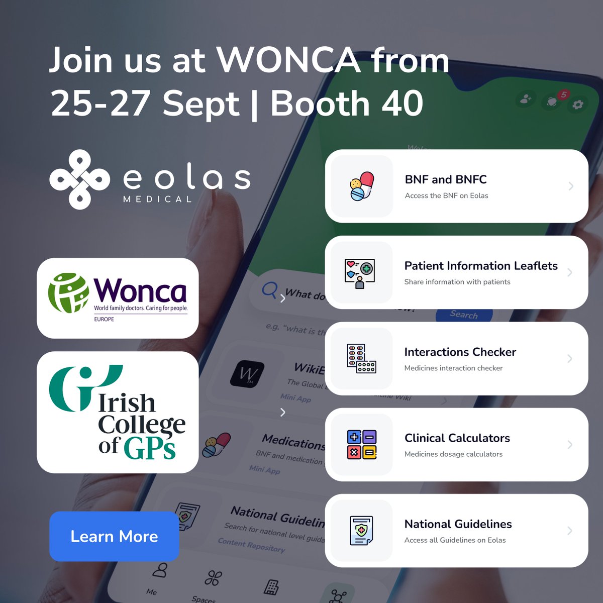 EolasMedical's tweet image. Tomorrow's @ICGPnews Conference with @WONCAEurope2024 in Dublin! GPs, visit booth 40 to learn about accessing clinical knowledge &amp;amp; more. #ICGP #WONCAEurope2024 #BetterKnowledgeSaferCare