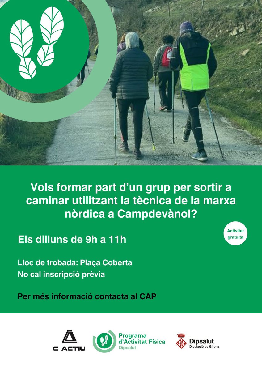 🚶🏻‍♀️‍➡️T’agrada caminar, però no vols anar-hi sol/a?
 
🙋🏻‍♀️A Campdevànol hi ha un grup de persones que hi va cada DILLUNS de 09.00h a 11.00h matí!
 
📍Ens trobem a la plaça coberta del Barri de l’Estació i no cal inscripció prèvia
 
Més info: CAP Campdevànol