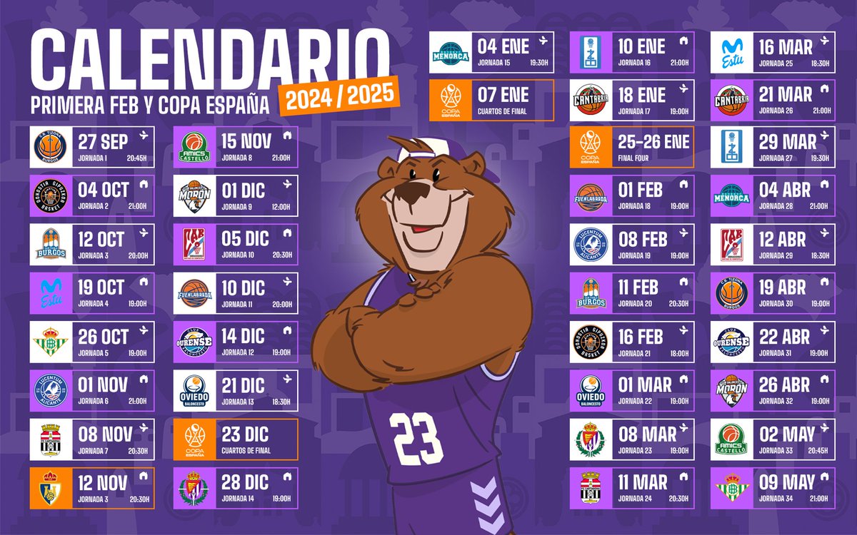 💜📆🏀 Calendario 2024/25

🫡🫵🏼 Estás convocado/a a TODOS los partidos. 

👊🏽 Esta temporada más que nunca, tú juegas. 

💜 #JuegaPalencia
💜 #SentimientoPalentino

ℹ️ *Algunos encuentros podrían variar por causas ajenas al club.