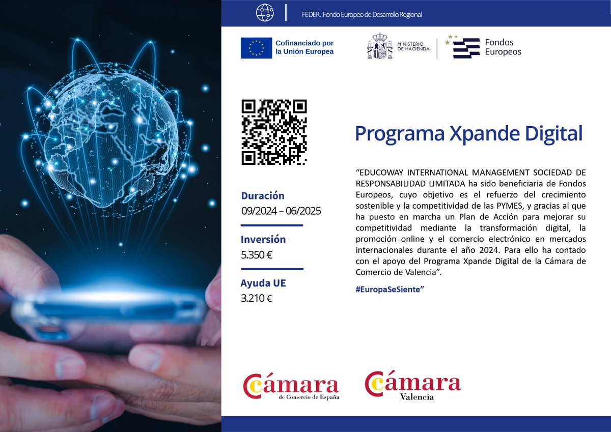 Nos enorgullece anunciar que somos beneficiarios de Fondos Europeos para mejorar la competitividad de las PYMES en 2024 mediante la transformación digital. Gracias al apoyo del Programa #XpandeDigital de Cámara de Valencia, seguimos creciendo. #EuropaSeSiente 🚀🌍
