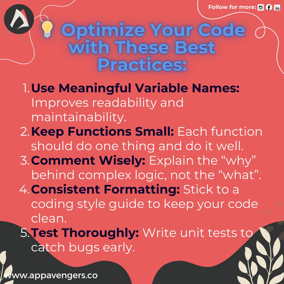 Appavengers's tweet image. Level up your coding game with these essential tips! 🚀💻
#CodingTip #DevTips #Programming #CodeBetter #BestPractices #DeveloperLife #CleanCode #CodeQuality #TechTips #CodingLife #SoftwareDevelopment #CodeSmar