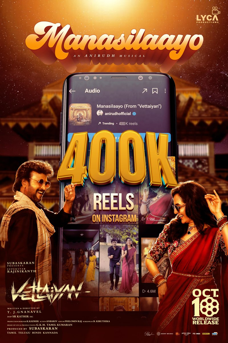 Lyca Productions (@lycaproductions) on Twitter photo The #MANASILAAYO 🥁 wave hits 400K Reels! 📱 Keep the groove alive, and let’s hit the next big number! 💃🕺
▶️ youtu.be/AiD6SOOBKZI
#Vettaiyan 🕶️ Releasing on 10th October in Tamil, Telugu, Hindi & Kannada!
<a href="/rajinikanth/">Rajinikanth</a> <a href="/SrBachchan/">Amitabh Bachchan</a> <a href="/tjgnan/">Gnanavel</a> <a href="/anirudhofficial/">Anirudh Ravichander</a> The #MANASILAAYO 🥁 wave hits 400K Reels! 📱 Keep the groove alive, and let’s hit the next big number! 💃🕺
▶️ youtu.be/AiD6SOOBKZI
#Vettaiyan 🕶️ Releasing on 10th October in Tamil, Telugu, Hindi & Kannada!
<a href="/rajinikanth/">Rajinikanth</a> <a href="/SrBachchan/">Amitabh Bachchan</a> <a href="/tjgnan/">Gnanavel</a> <a href="/anirudhofficial/">Anirudh Ravichander</a>
