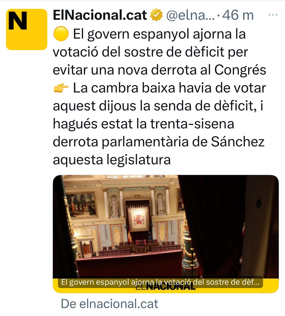 La setmana passada els hi dèiem de manera clara i directa: "o acords, o derrotes parlamentàries".

Sembla que comencen a adonar-se que <a href="/JuntsxCatMadrid/">Junts per Catalunya Congrés i Senat</a> no donem els nostres 7 vots a canvi de res. Som-hi!

<a href="/JuntsXCat/">Junts per Catalunya🎗</a> 
<a href="/JuntsCampdeTgn/">Junts Camp de Tarragona 🎗</a> 
<a href="/JuntsxEbre/">Junts per les Terres de l'Ebre</a>