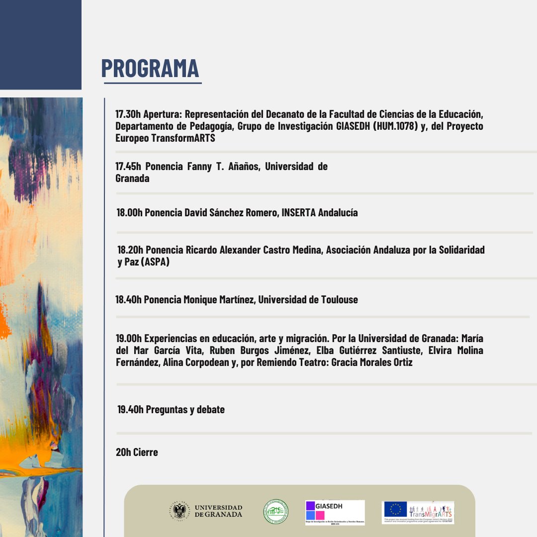 Buenas tardes, esta tarde a las 17:30 tendrá lugar el Seminario Internacional "Migraciones, Arte y Educación" en el Aula Magna de la Facultad Ciencias de la Educación (Universidad de Granada). Organizado por el grupo GIASEDH en colaboración con el proyecto Transmigrarts.