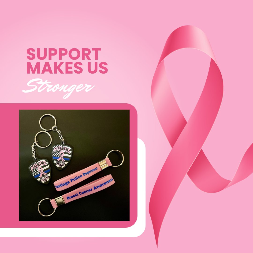 October is Breast Cancer Awareness Month, and we're excited to share two new #PinkPatch items available for this year's fundraiser! You can purchase either style of keychain for $3 each or two for $5 at the Hastings Police Department during business hours - cash or check only.
