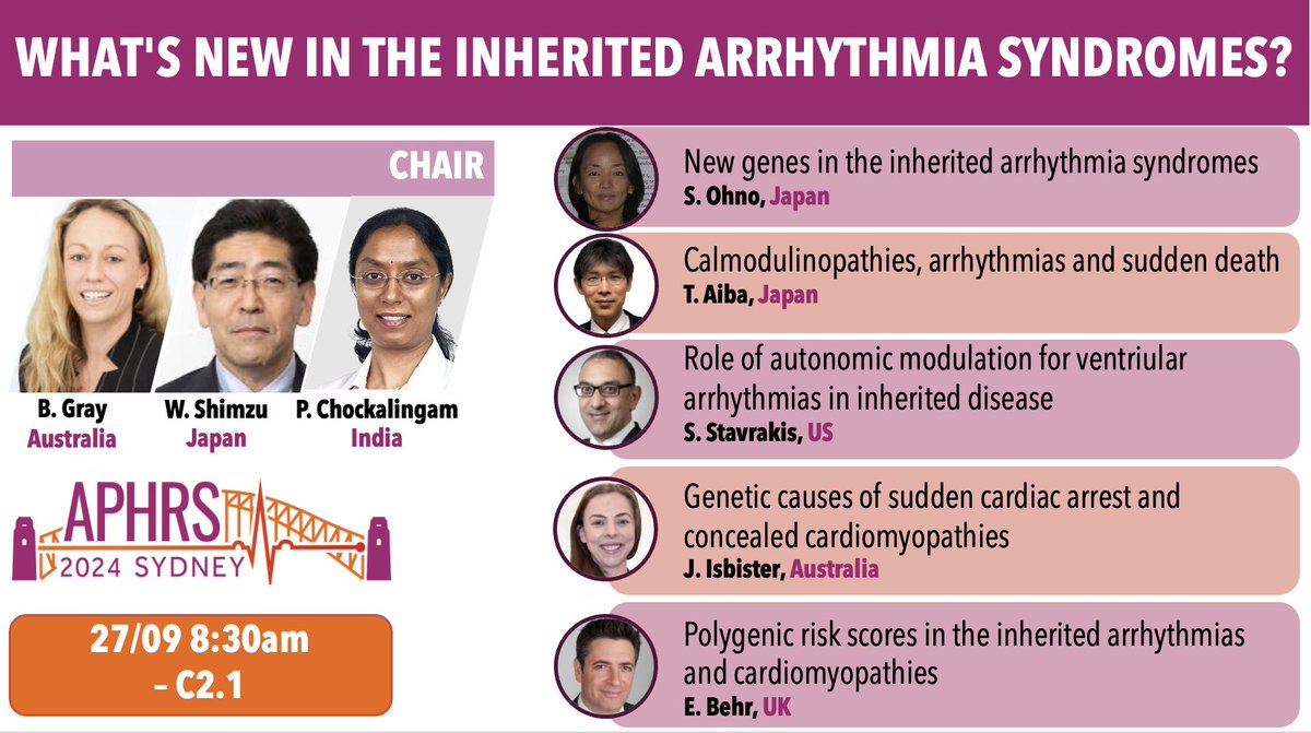 #APHRS2024 - #Genetics Session
🗓️27/09 at 8:30am 📍C2.1

Explore the latest research, innovations, and treatment strategies for inherited heart rhythm disorders. Stay ahead of the curve and learn how we can better manage and understand these life-impacting syndromes. Let's keep
