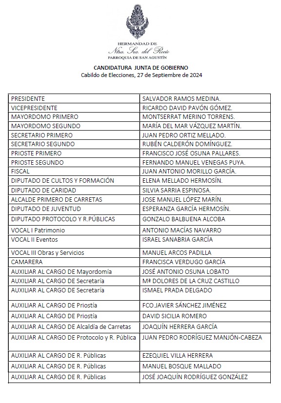 🔵 Cabildo General de Elecciones en nuestra Casa Hermandad, el viernes 27 de septiembre de 19:00 h. a 22.00 h.

Se presenta como único candidato nuestro hermano D. Salvador Ramos Medina.

Adjuntamos su equipo de Junta de Gobierno.