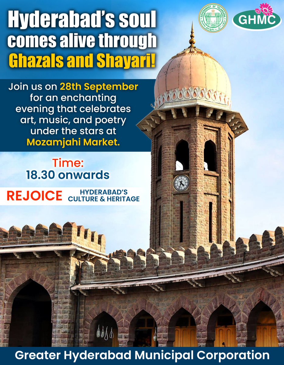 CommissionrGHMC's tweet image. Hyderabad’s soul comes alive through Ghazals and Shayari! 

Join us on 28th September for an enchanting evening that celebrates art, music, and poetry under the stars at Mozamjahi Market.

👉🎟️ in.bookmyshow.com/events/ghmc-pr…

#HappeningHyderabad #GHMC