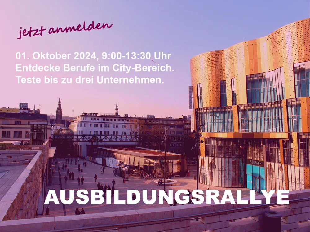 Auf der Suche nach Ausbildung oder Praktikum? Dann macht mit bei der Ausbildungsrallye durch #Wuppertal. Am 1. Oktober, könnt ihr bei der Schnitzeljagt durch die Elberfelder City verschiedene Unternehmen, u.a. die Stadtverwaltung, kennenlernen. Anmeldung:➡️wuppertal.de/microsite/schu…