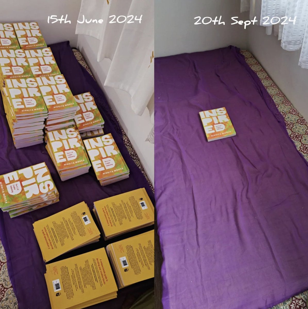 This bed-turned-mini-warehouse is now a bed again! 

Three months - 200 copies (all of the first print run) have gone off to their new homes. 

Thank you everyone, who's been a part of this 💓

It's a major milestone for #InspiredTheBook and meeee :)