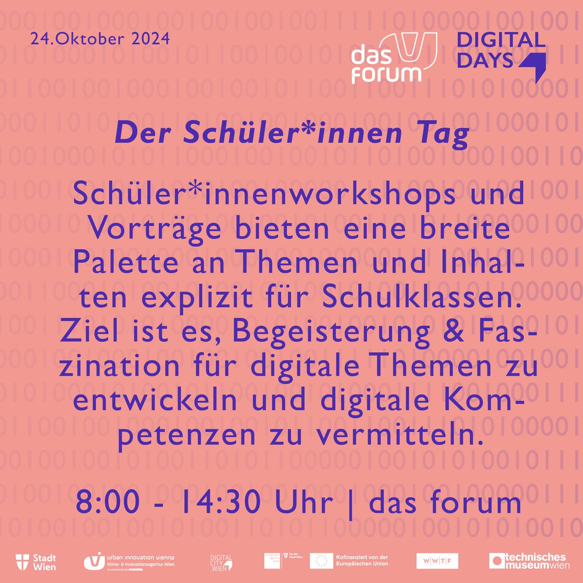 Der Schüler*innen Tag 👨‍🎓🧑‍🏫
Am 24. Oktober laden wir unter dem Motto #ThinkHuman #ActDigital Schüler*innen ins "das forum" | operated by UIV Urban Innovation Vienna, ein für einen Tag voller spannender Workshops 🚀 community.digitalcity.wien/agenda?session…