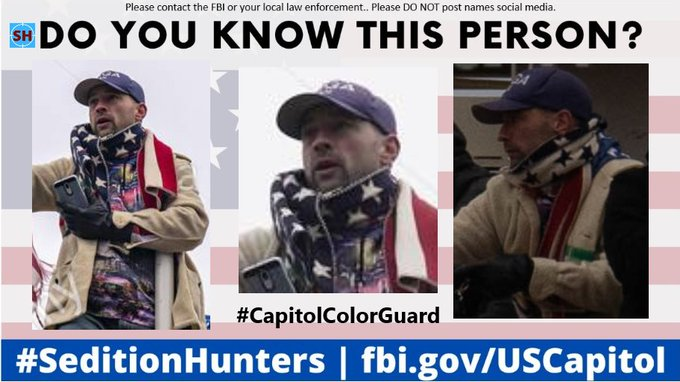 SeditionHunters's tweet photo. Please share across all platforms. Do you Know this person?? Please contact the FBI with MPD Slide 129 or contact us at admin@seditionhunters.org do not post names on social media #CapitolColorGuard #DCRiots #CapitolRiots #SHMostWanted https://t.co/k0wWe5tHj7