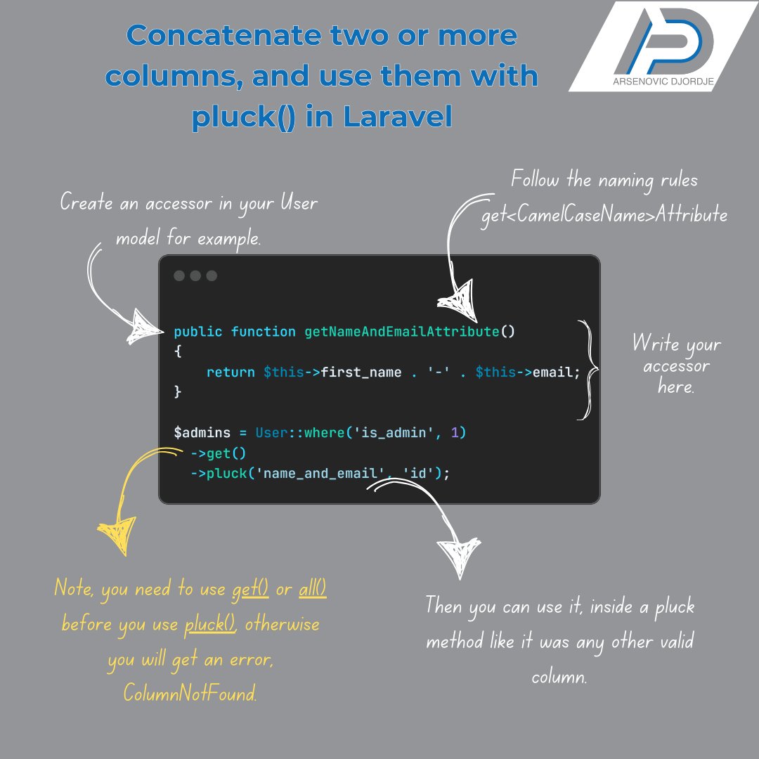 djolecodes's tweet photo. Supercharge pluck method with accessors. 🚀

You can grab whatever you want with accessor methods, and form your select element options nicely. 

✅Use id as a key that will become an option value
✅Custom values that will be used for option text

#WebDevelopment #laravel https://t.co/zXECYfHw59