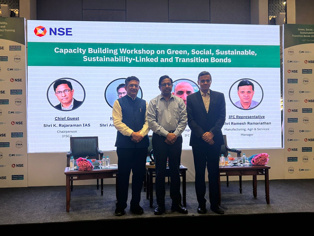 NSEIndia's tweet photo. Our MD & CEO, Shri @ashishchauhan speaking at the Capacity Building Workshop on “Green, Social, Sustainable, Sustainability- linked and Transition Bonds (GSS+Bonds)” today, alongside Shri K Rajaraman, Chairperson, IFSCA and other key dignitaries at Gift City Club, Gandhinagar. 

#NSEIndia #CapitalMarket #ShareMarket #GSS #Bonds @nseindia @nse_ix