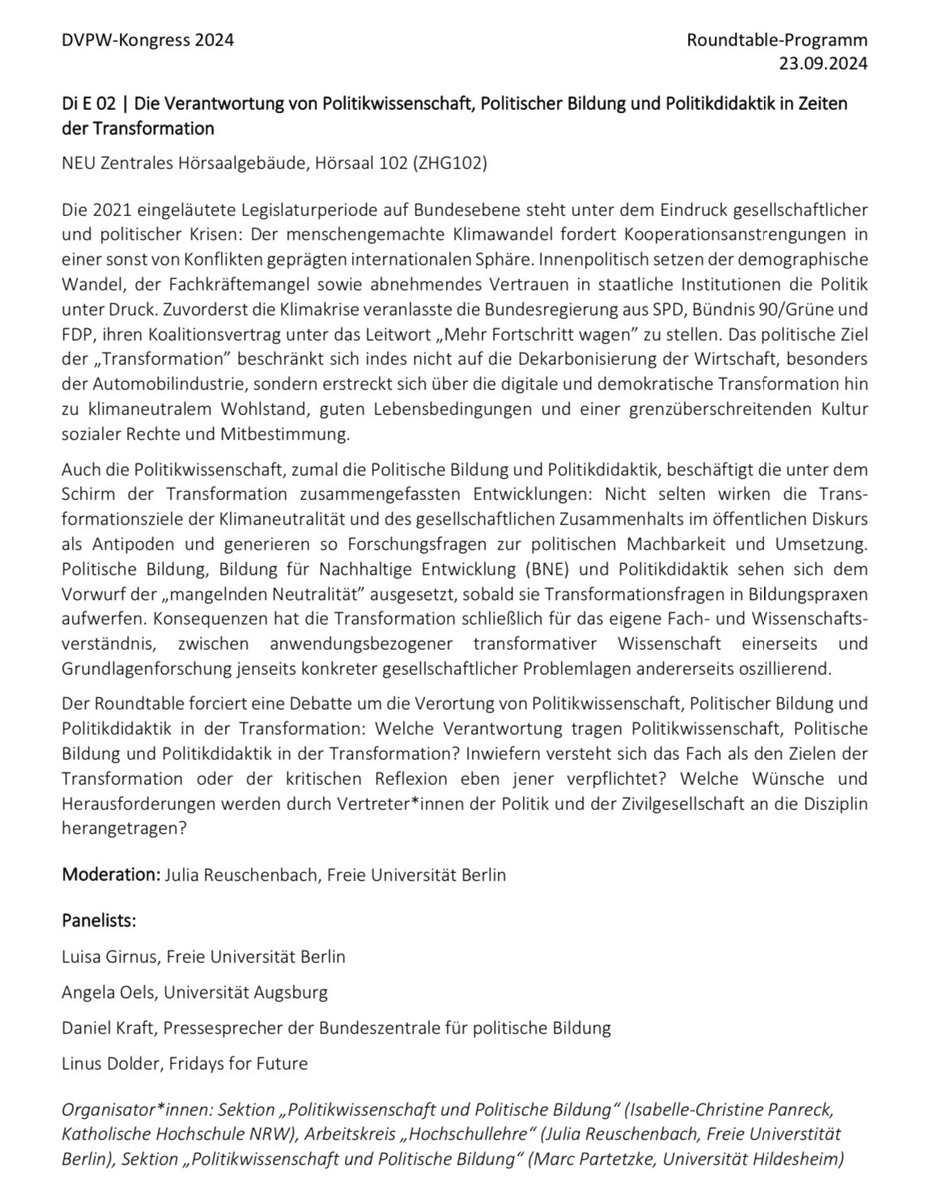 Leute, ab heute 🎉 #dvpw2024 <a href="/dvpwkongress/">DVPW TakeOver</a> - Wir reden über Verantwortung von Politikwissenschaft, politischer Bildung und Politikdidaktik in der #polykrise ab 16.00h mit <a href="/linusdolder/">Linus Dolder</a> <a href="/krafts_werk/">Daniel Kraft</a> @LuisaGirnus und Angela Oels ☺️👇🏼
