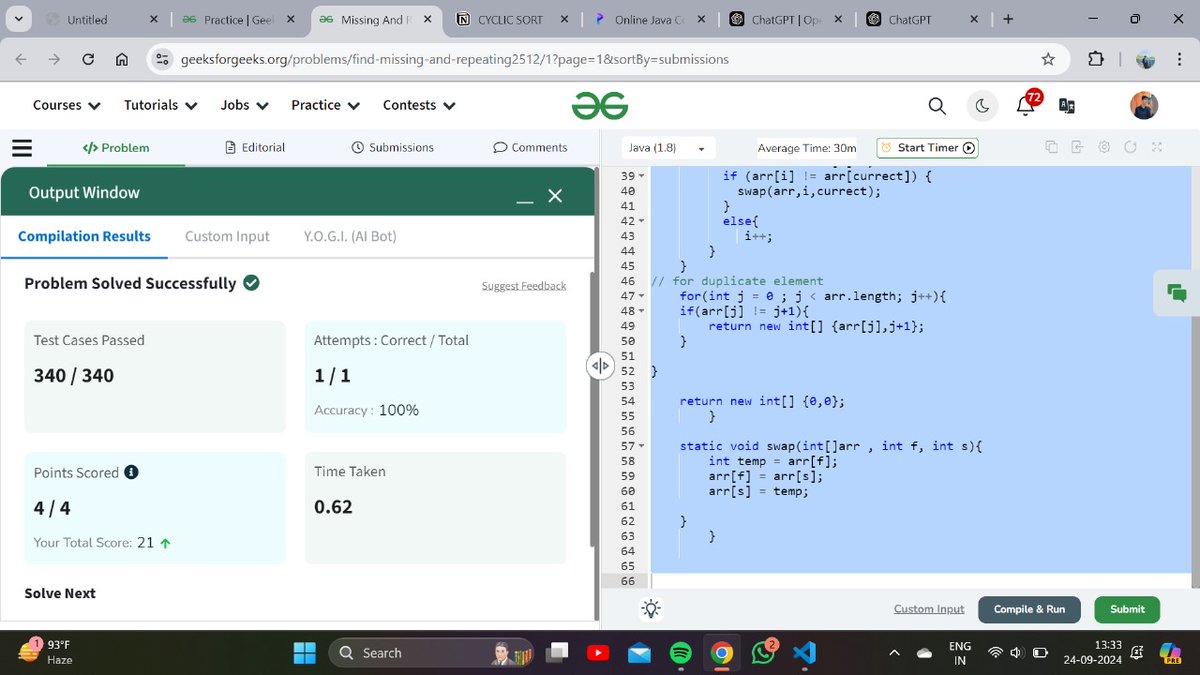 himanshuu_99's tweet image. Today I solved GreeksForGreeks Medium level problem✅
🔴Repeating And missing number 
#gfg #javawithdsa #dsa #twiter