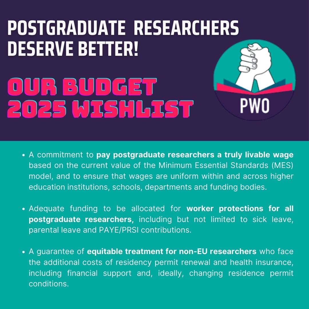 PWO Ireland (@pwo_ireland) on Twitter photo Ahead of the announcement of #Budget2025 next Tuesday, this is what we want to see to improve the lives and working conditions of postgraduate researchers in Ireland!
<a href="/DeptofFHed/">Department of Further and Higher Education</a> <a href="/podonovan/">Patrick O'Donovan</a> <a href="/SimonHarrisTD/">Simon Harris TD</a>
#PGRsDeserveBetter
#LoveIrishResearchERS
🧵 Ahead of the announcement of #Budget2025 next Tuesday, this is what we want to see to improve the lives and working conditions of postgraduate researchers in Ireland!
<a href="/DeptofFHed/">Department of Further and Higher Education</a> <a href="/podonovan/">Patrick O'Donovan</a> <a href="/SimonHarrisTD/">Simon Harris TD</a>
#PGRsDeserveBetter
#LoveIrishResearchERS
🧵