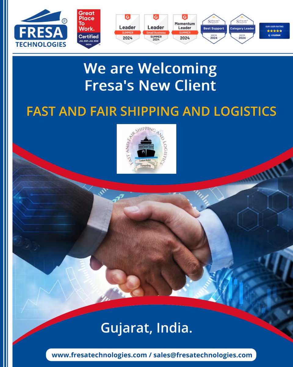 fresatechnology's tweet photo. We are Welcoming Fresa's New Client
"FAST AND FAIR SHIPPING AND LOGISTICS"
Gujarat, India.
#Fresa | #Welcome | #Client | #India | #NewCustomer | #Onboard | #Newclient | #Welcome | #FastandFair https://t.co/f4ZLXPQMmq
