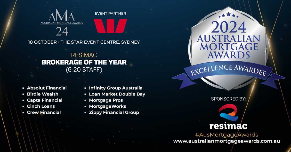 Congratulations to all the <a href="/Resimac/">Resimac</a> Brokerage of the Year (6-20 Staff) awardees at the 2024 #AusMortgageAwards!

Winners will be announced on 18 October at The Star Event Centre, Sydney.

See all the awardees: hubs.la/Q02QJCLN0

#MortgageExcellence #BestinMortgage #Mortgage