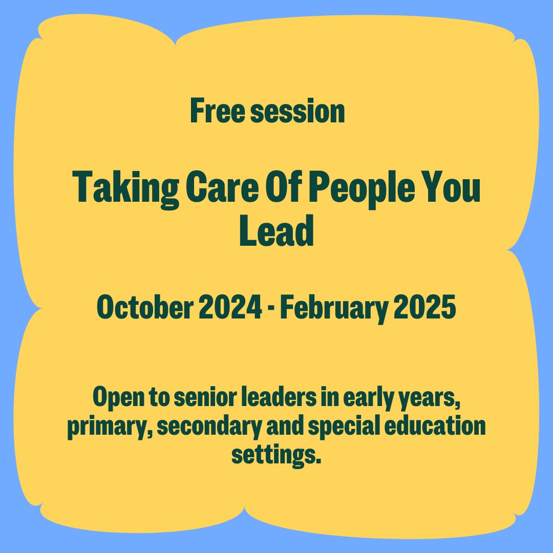 Senior leaders in education: Join Taking Care of People You Lead, a 3-part online programme (Oct 2024 – Feb 2025), focusing on mental health and wellbeing for you, your staff, and your workplace culture. 🌱 

📌 Free to attend – book now: brnw.ch/21wN5bg