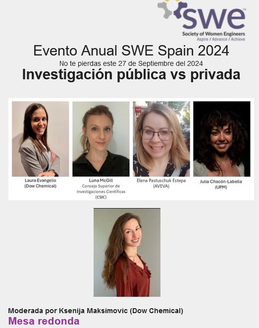 This Friday, September 27th, I have the honor of sharing a round table discussion on "Public vs. Private Research" with these great researchers at the SWE Spain 2024 Annual Event. You are all invited to attend the meeting held by #SWE at #UC3M.