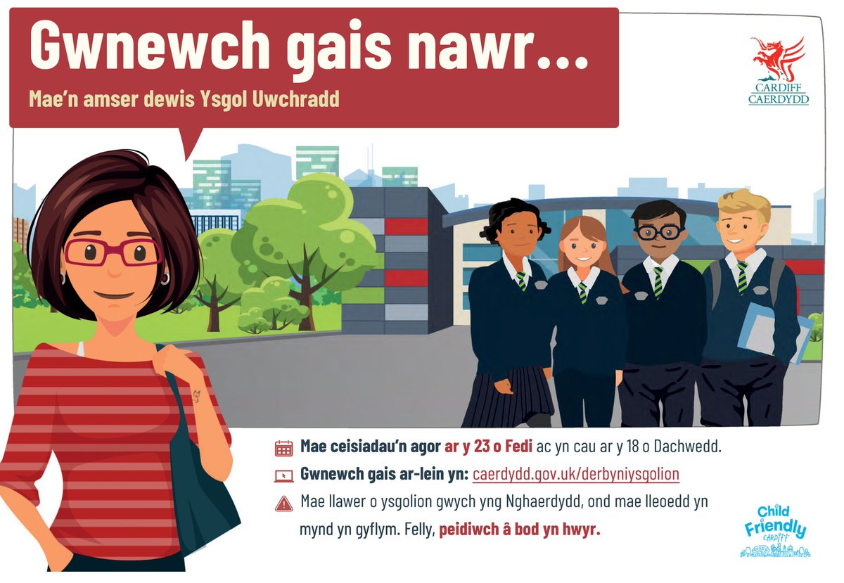 Mae derbyniadau nawr ar agor ar gyfer lleoedd uwchradd ar gyfer mis Medi 2025!
Mae gennych tan 18 Tachwedd 2024 i ddewis pum dewis, oherwydd ni allwn warantu lle yn eich dewis cyntaf bob amser. Mae awgrymiadau ar gael mewn 13 o ieithoedd: orlo.uk/qGBHW
