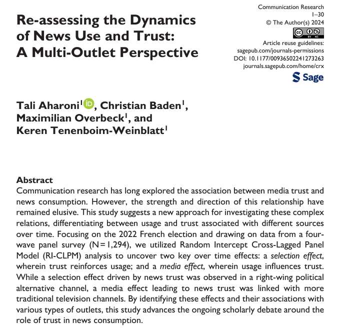 Tali aharoni (@tali_aharoni) on Twitter photo My foruth PhD paper, with @c_baden, <a href="/Max_Overbeck/">Max Overbeck</a>, & <a href="/KerenTenenboim/">Keren Tenenboim-Weinblatt</a> from PROFECI๐ฎis out in Communication Research!
We offer new insights into the complex relationship between news use & trust by examining it over time and across outlets.
Open access๐journals.sagepub.com/doi/full/10.11โฆ My foruth PhD paper, with @c_baden, <a href="/Max_Overbeck/">Max Overbeck</a>, & <a href="/KerenTenenboim/">Keren Tenenboim-Weinblatt</a> from PROFECI๐ฎis out in Communication Research!
We offer new insights into the complex relationship between news use & trust by examining it over time and across outlets.
Open access๐journals.sagepub.com/doi/full/10.11โฆ