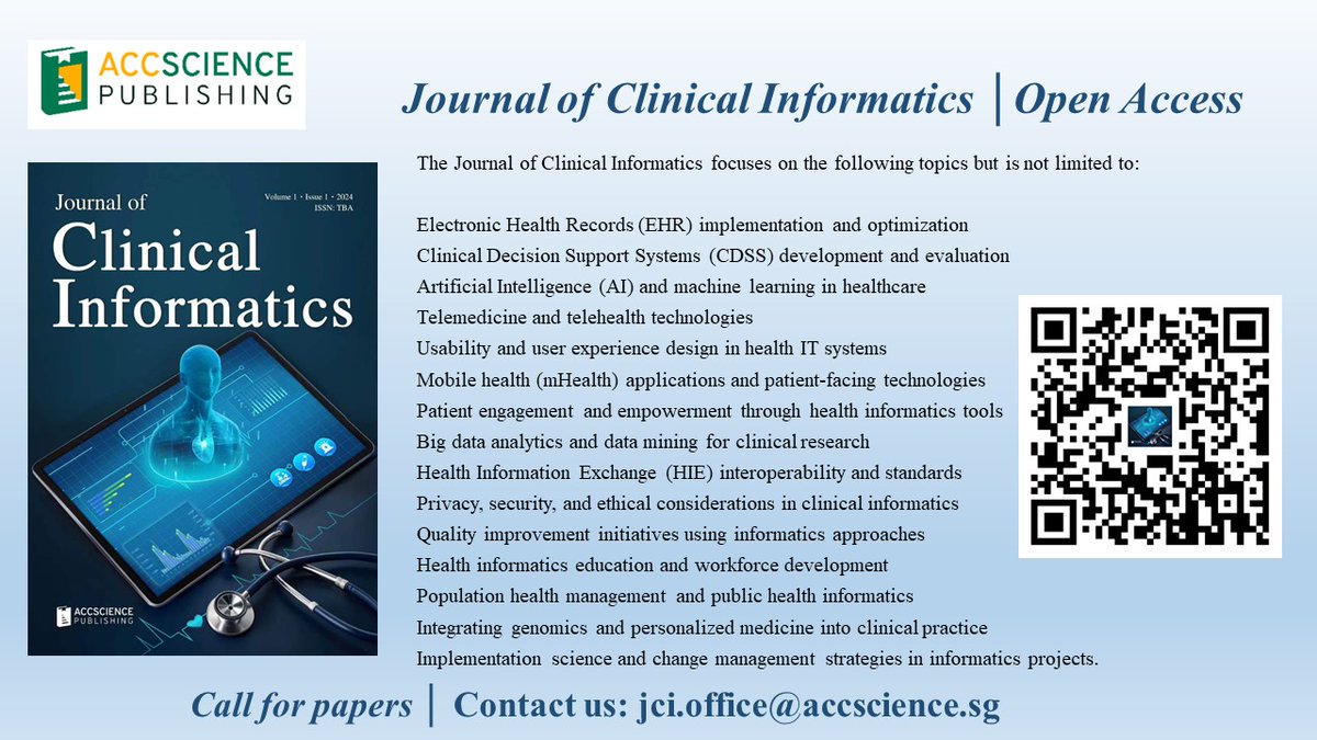 JCI_ASP's tweet image. 📢Call for Papers! #Journal  of Clinical Informatics @JCI_ASP  is accepting submissions. Submit your groundbreaking work today and contribute to advancing the field! #Clinical #Informatics #OpenAccess 
👉More details: accscience.com/journal/JCI
Welcome your submission!