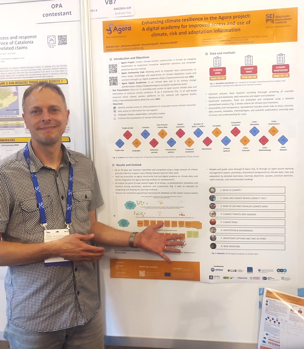 📣 #AdaptationAGORA participated to the #EuropeanMeteorologicalSociety conference in #Barcelona! 

📱 #AndreasHoy from <a href="/SEIresearch/">Stockholm Environment Institute (SEI)</a>, presented a poster about the #digitalacademy for improved access and use of #climate, #risk and #adaptation information.

👉adaptationagora.eu/#digitalTool