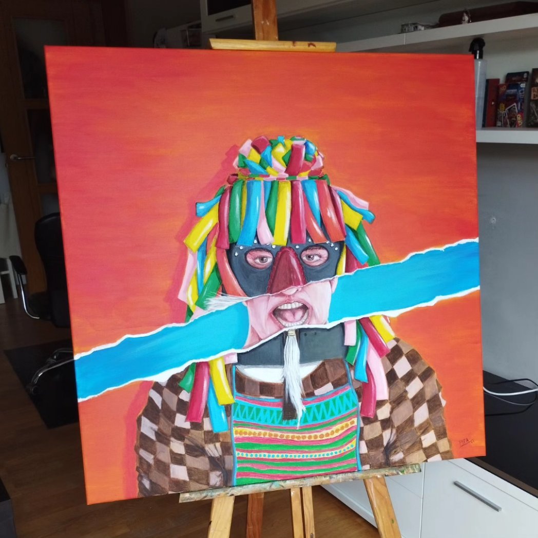 En este cuadro muestro a un hombre que tiene la boca abierta, que detrás de la máscara inerte, los ojos y sus gestos dan vida al personaje que representa, en este caso el #zangarron de Sanzoles.
Acrílico sobre lienzo. 80x80cm.