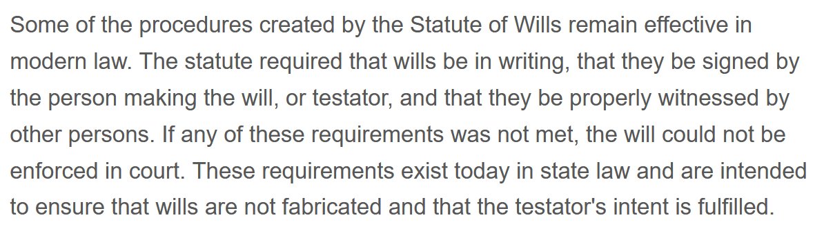 Dave_Lifelines's tweet photo. I've been reading up on the 1540 Statute of Wills (32 Hen VIII c.1) and I've found lots of references online - including the W*k*pedia page - claiming that it established the principle that wills had to be in writing and formally witnessed. It's just not true!
#ReadTheLegislation https://t.co/f2JTLJTtPf